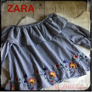 ZARA Gingham Embroidered Off The Shoulder top